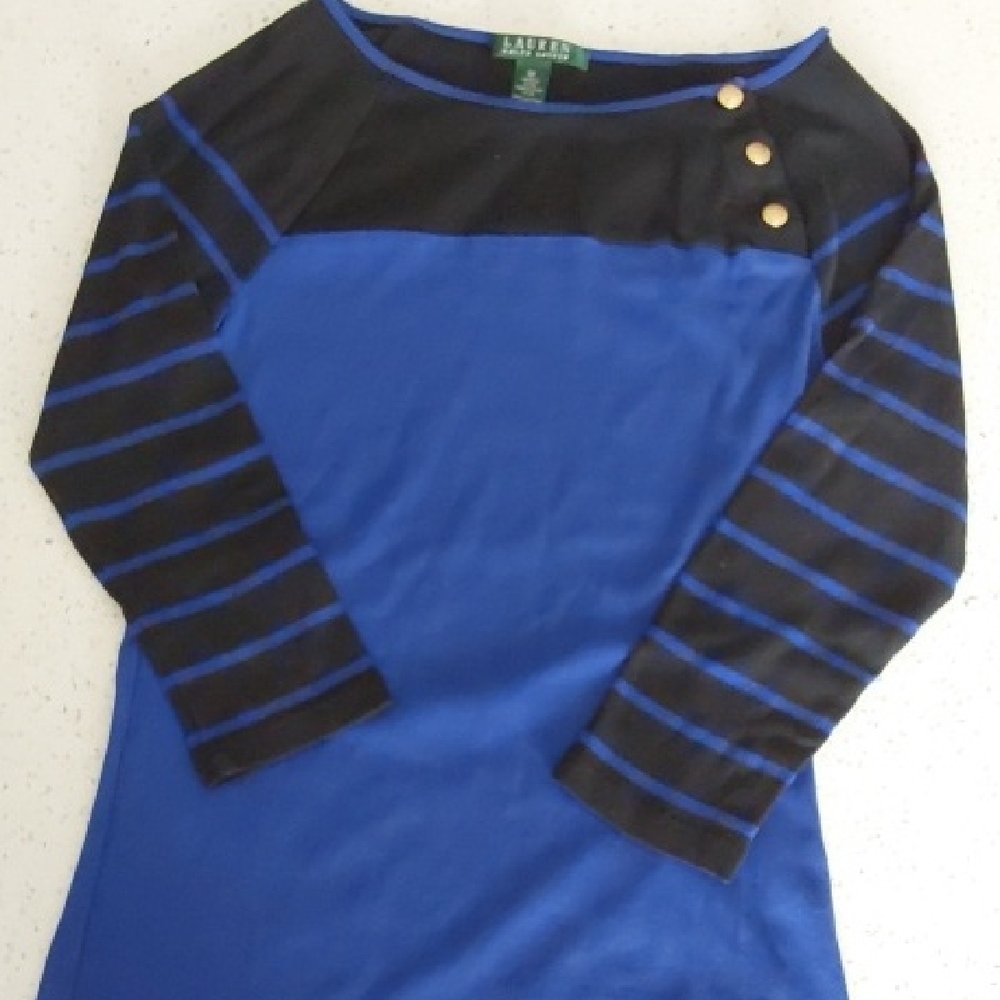 Lauren Ralph Lauren Blue & Black Striped Sleeve Boatneck Top